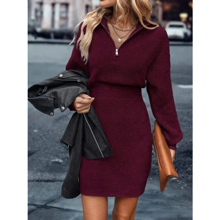 MARSiLYAN- Kadın Uzun Kollu Yakası Fermuarlı Mini Triko Elbise