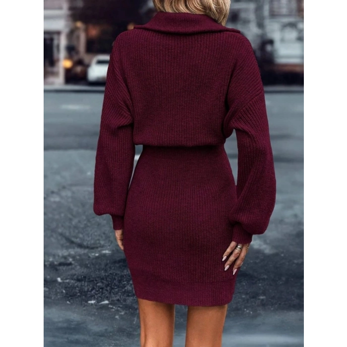 MARSiLYAN- Kadın Uzun Kollu Yakası Fermuarlı Mini Triko Elbise