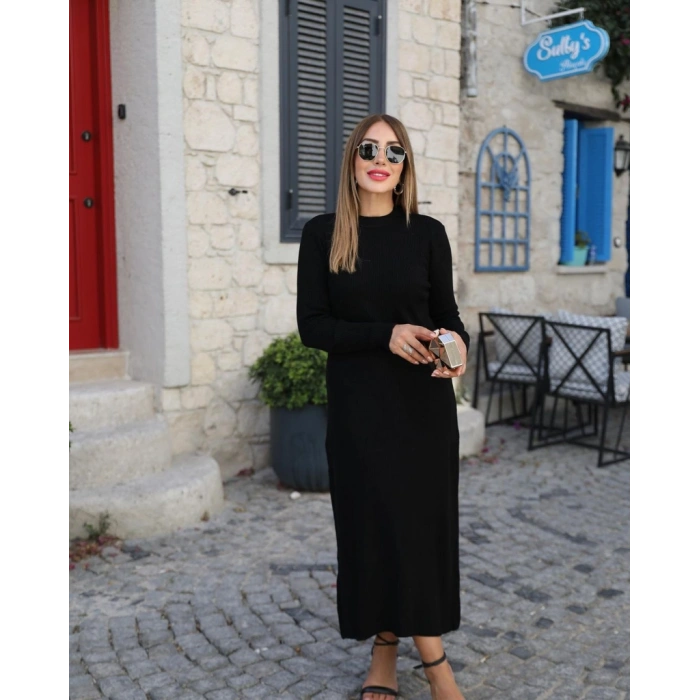 MARSiLYAN- Kadın Uzun Kollu Yarı Balıkçı Yaka Arkadan Pencere Detaylı Bağcıklı Midi Triko Elbise
