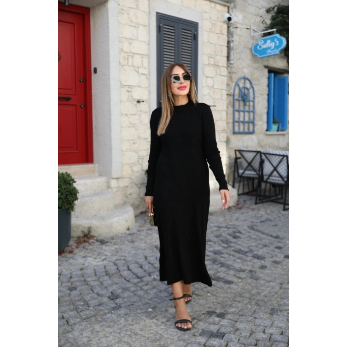 MARSiLYAN- Kadın Uzun Kollu Yarı Balıkçı Yaka Arkadan Pencere Detaylı Bağcıklı Midi Triko Elbise