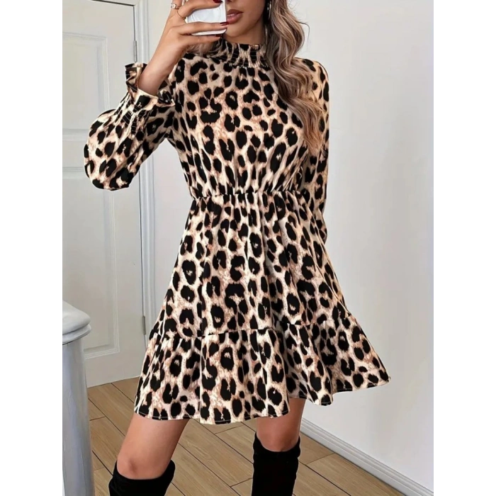 MARSiLYAN- Kadın Uzun Kollu Yarı Balıkçı Yaka Leopar Desenli Modal Mini Elbise
