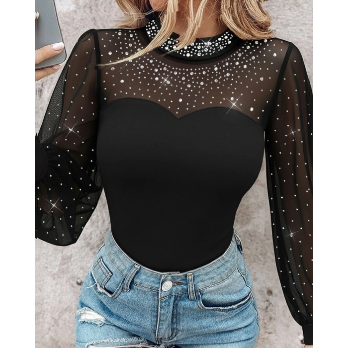 MARSiLYAN- Kadın Uzun Kollu Yarı Balıkçı Yaka Taşlı Sandy Bluz