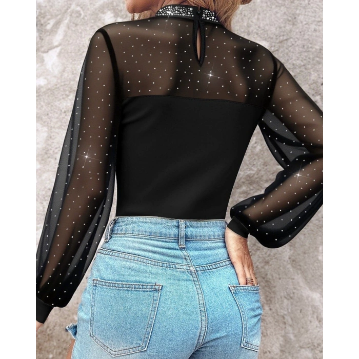 MARSiLYAN- Kadın Uzun Kollu Yarı Balıkçı Yaka Taşlı Sandy Bluz