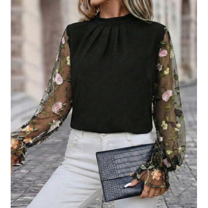 MARSiLYAN- Kadın Uzun Kollu Yarı Balıkçı Yaka Tül Detaylı Ithal Krep Bluz