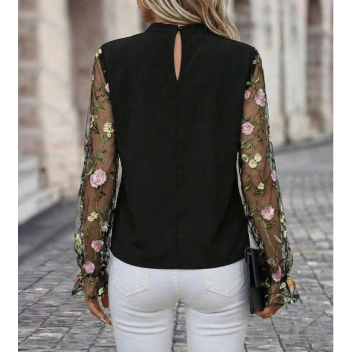 MARSiLYAN- Kadın Uzun Kollu Yarı Balıkçı Yaka Tül Detaylı Ithal Krep Bluz