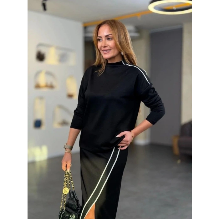 MARSiLYAN- Kadın Uzun Kollu Yüksek Yakalı Yan şerit Detaylı Viskon Iki Iplik Bluz Ve Etek Ikili Takım