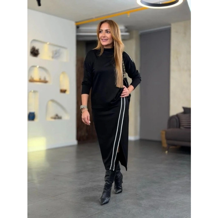 MARSiLYAN- Kadın Uzun Kollu Yüksek Yakalı Yan şerit Detaylı Viskon Iki Iplik Bluz Ve Etek Ikili Takım