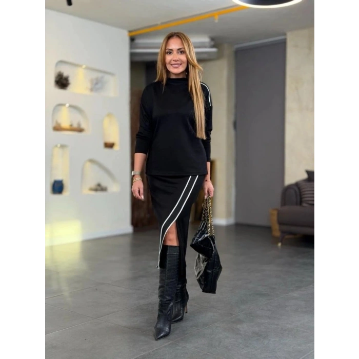 MARSiLYAN- Kadın Uzun Kollu Yüksek Yakalı Yan şerit Detaylı Viskon Iki Iplik Bluz Ve Etek Ikili Takım