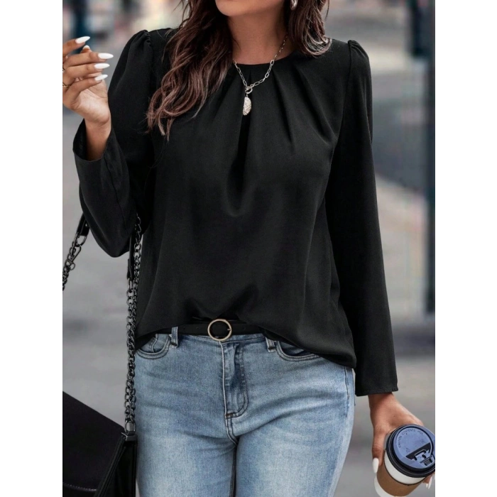 MARSiLYAN- Kadın Uzun Kollu Yuvarlak önden Pileli Ithal Krep Bluz