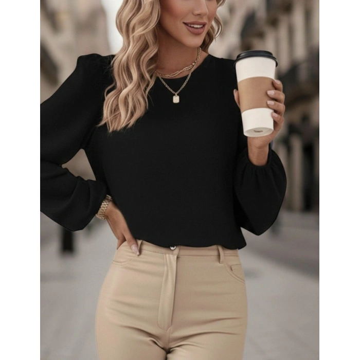 MARSiLYAN- Kadın Uzun Kollu Yuvarlak Yaka Arkadan Bağcıklı Salaş Ithal Krep Bluz