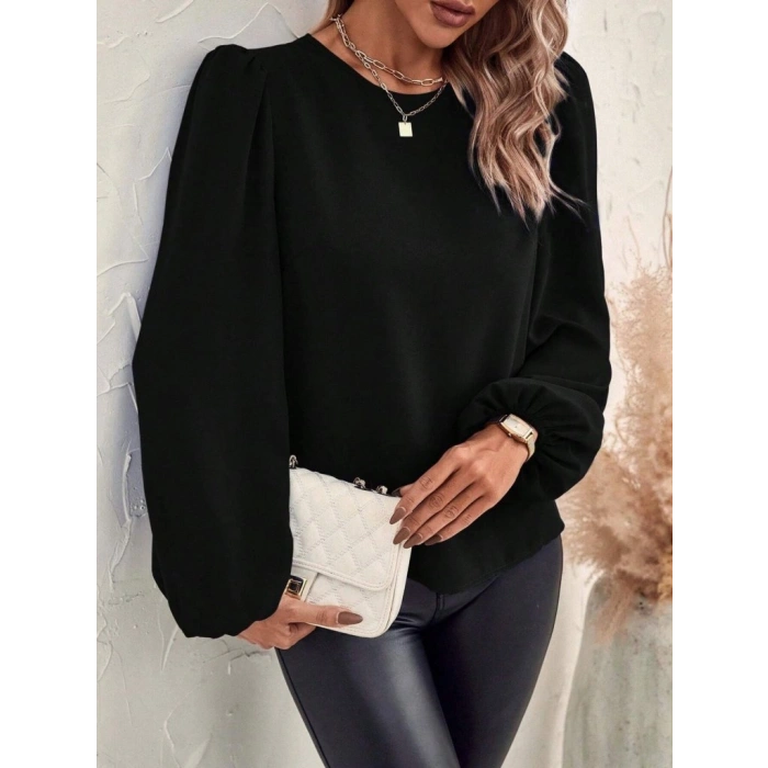 MARSiLYAN- Kadın Uzun Kollu Yuvarlak Yaka Arkadan Bağcıklı Salaş Ithal Krep Bluz