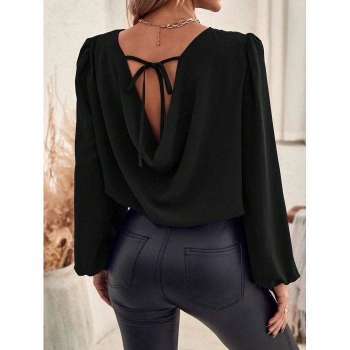 MARSiLYAN- Kadın Uzun Kollu Yuvarlak Yaka Arkadan Bağcıklı Salaş Ithal Krep Bluz