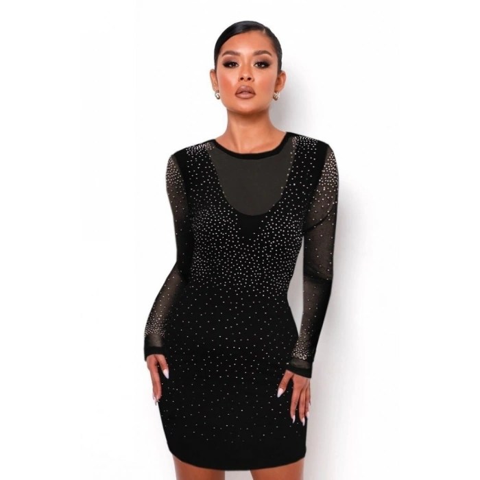 MARSiLYAN- Kadın Uzun Kollu Yuvarlak Yaka Dekolteli Taşlı Dalgıç Elbise