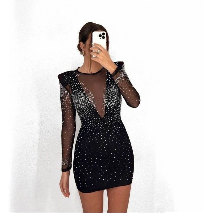 MARSiLYAN- Kadın Uzun Kollu Yuvarlak Yaka Dekolteli Taşlı Dalgıç Elbise