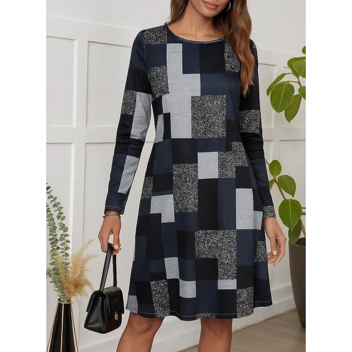 MARSiLYAN- Kadın Uzun Kollu Yuvarlak Yaka Geometrik Süprem Elbise