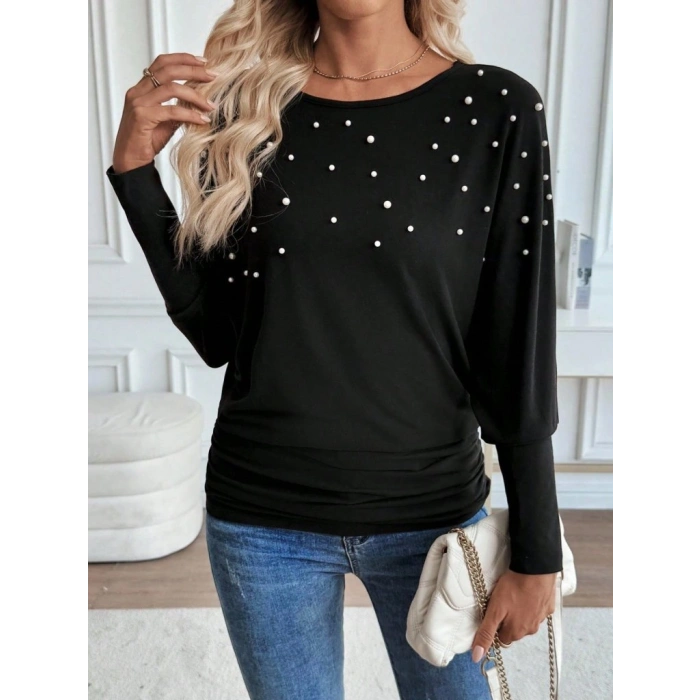 MARSiLYAN- Kadın Uzun Kollu Yuvarlak Yaka Incili Viskon Bluz