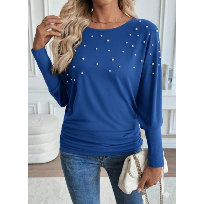 MARSiLYAN- Kadın Uzun Kollu Yuvarlak Yaka Incili Viskon Bluz