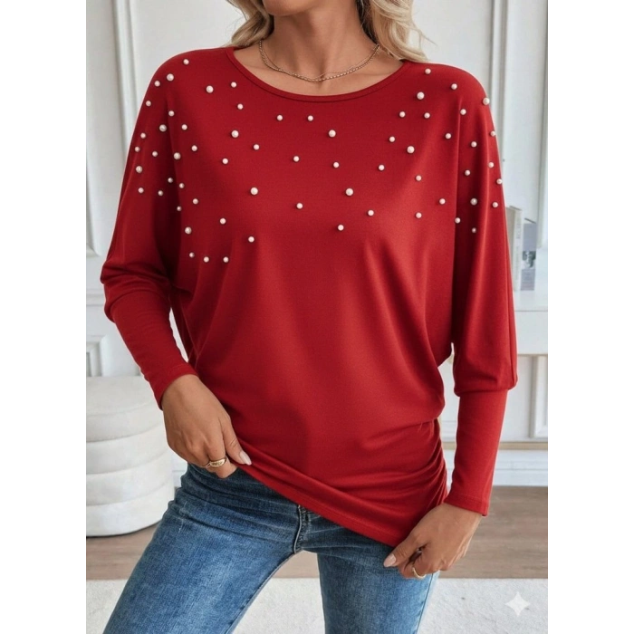 MARSiLYAN- Kadın Uzun Kollu Yuvarlak Yaka Incili Viskon Bluz