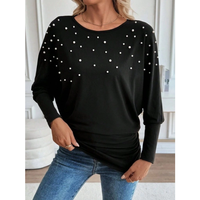 MARSiLYAN- Kadın Uzun Kollu Yuvarlak Yaka Incili Viskon Bluz