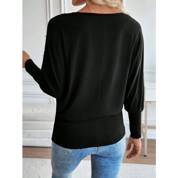 MARSiLYAN- Kadın Uzun Kollu Yuvarlak Yaka Incili Viskon Bluz