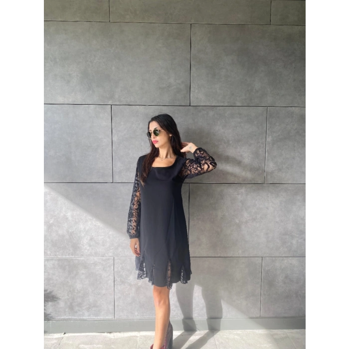 MARSiLYAN- Kadın Uzun Kollu Yuvarlak Yaka Kol Ve Etek Ucu Dantelli Kısa Ithal Krep Elbise