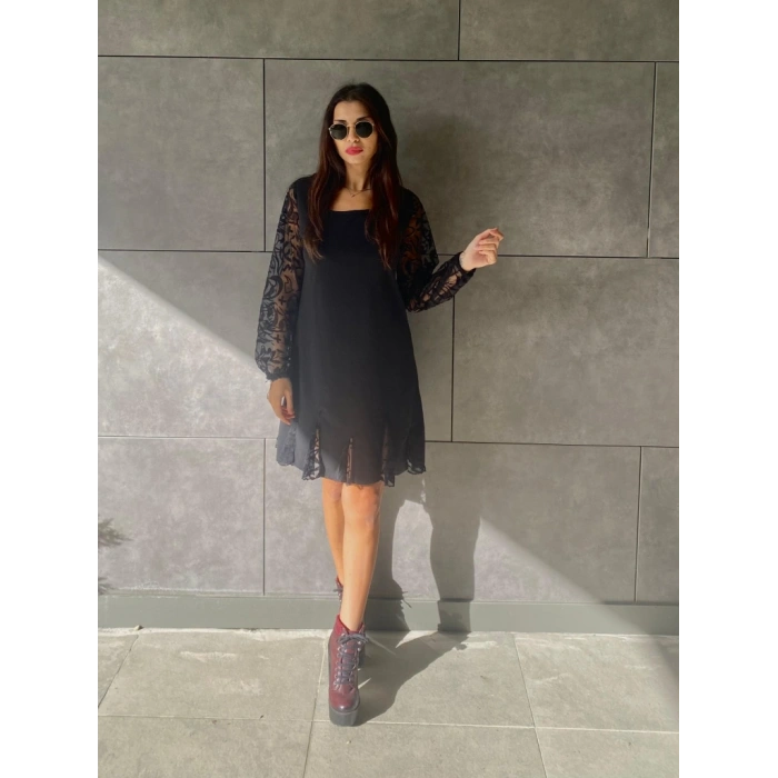 MARSiLYAN- Kadın Uzun Kollu Yuvarlak Yaka Kol Ve Etek Ucu Dantelli Kısa Ithal Krep Elbise