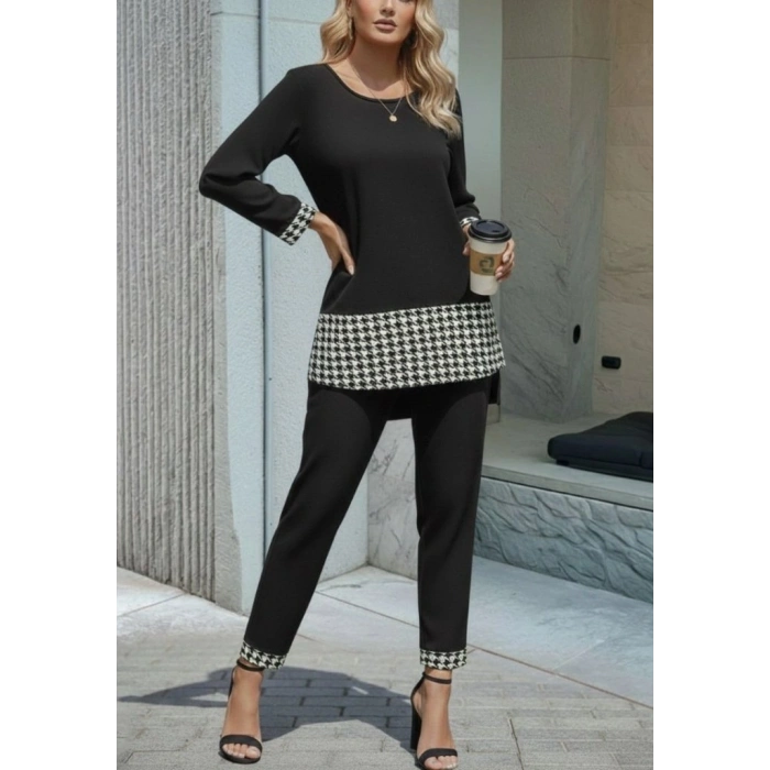 MARSiLYAN- Kadın Uzun Kollu Yuvarlak Yakalı Kaz Ayağı Detaylı Viskon Iki Iplik Bluz Ve Pantolon Ikili Takım