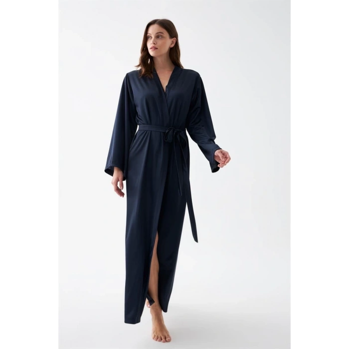 MARSiLYAN- Kadın Uzun Lacivert Saten Sabahlık
