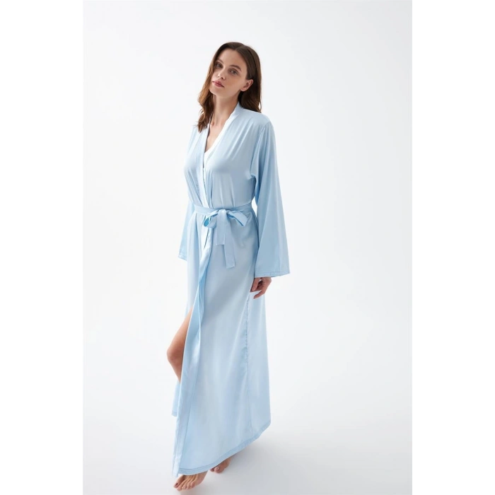 MARSiLYAN- Kadın Uzun Mavi Saten Sabahlık – Kuşaklı Şık Gecelik Üstü Ev Giyim