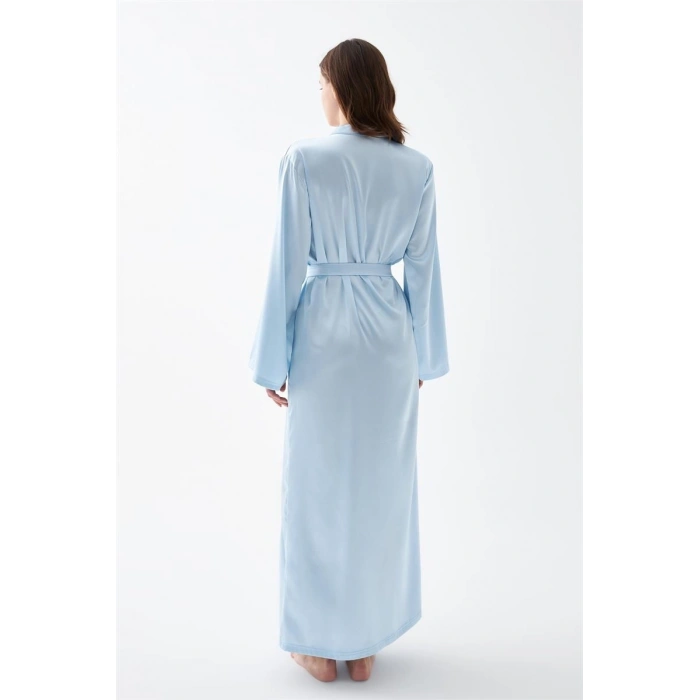 MARSiLYAN- Kadın Uzun Mavi Saten Sabahlık – Kuşaklı Şık Gecelik Üstü Ev Giyim