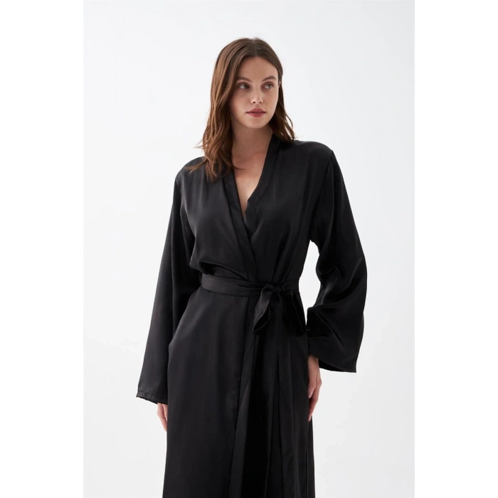 MARSiLYAN- Kadın Uzun Siyah Saten Sabahlık
