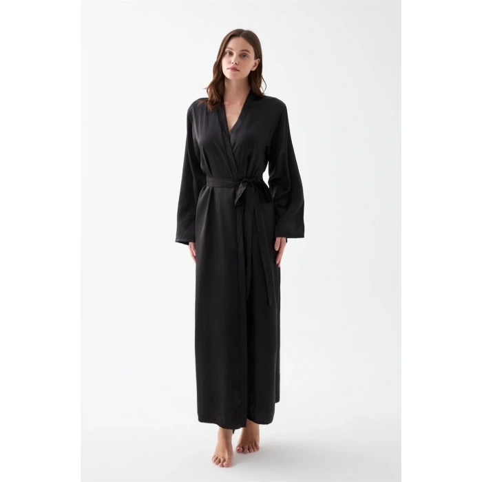 MARSiLYAN- Kadın Uzun Siyah Saten Sabahlık