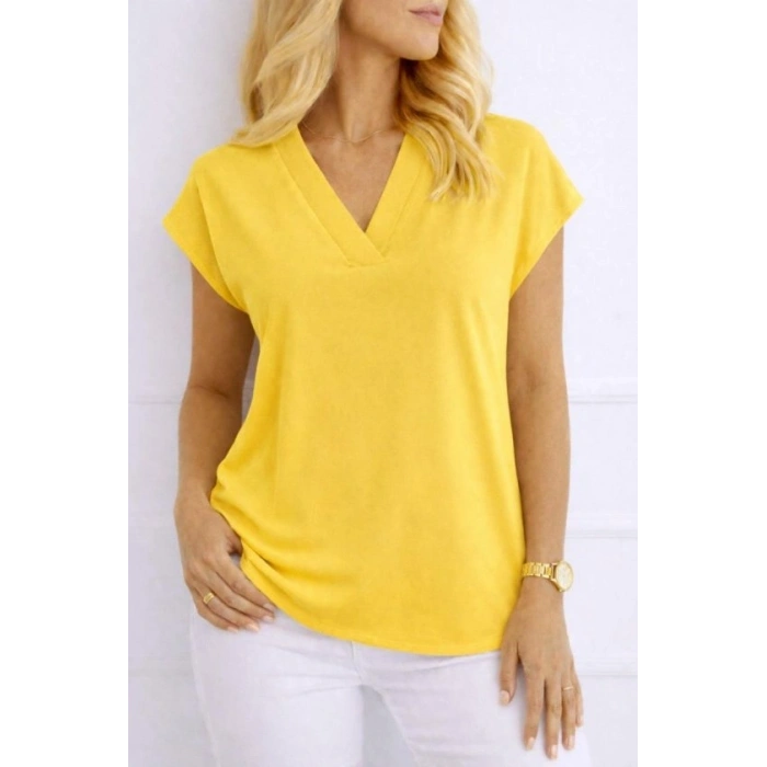 MARSiLYAN- Kadın V Yaka Kısa Kol Dokuma Viskon Kumaş Bluz