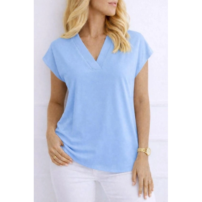 MARSiLYAN- Kadın V Yaka Kısa Kol Dokuma Viskon Kumaş Bluz