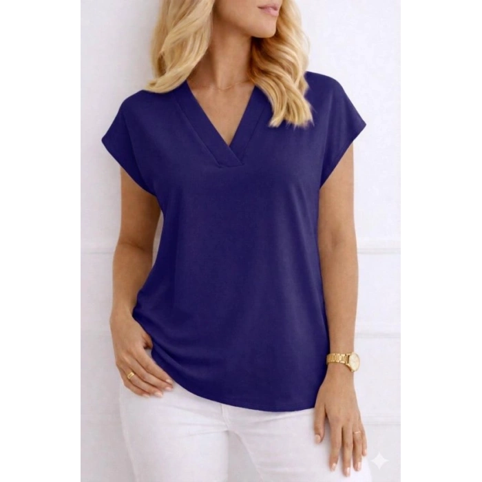 MARSiLYAN- Kadın V Yaka Kısa Kol Dokuma Viskon Kumaş Bluz