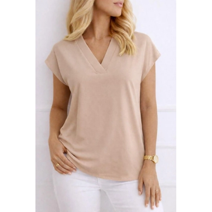 MARSiLYAN- Kadın V Yaka Kısa Kol Dokuma Viskon Kumaş Bluz