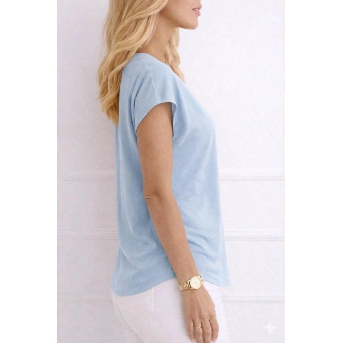 MARSiLYAN- Kadın V Yaka Kısa Kol Dokuma Viskon Kumaş Bluz