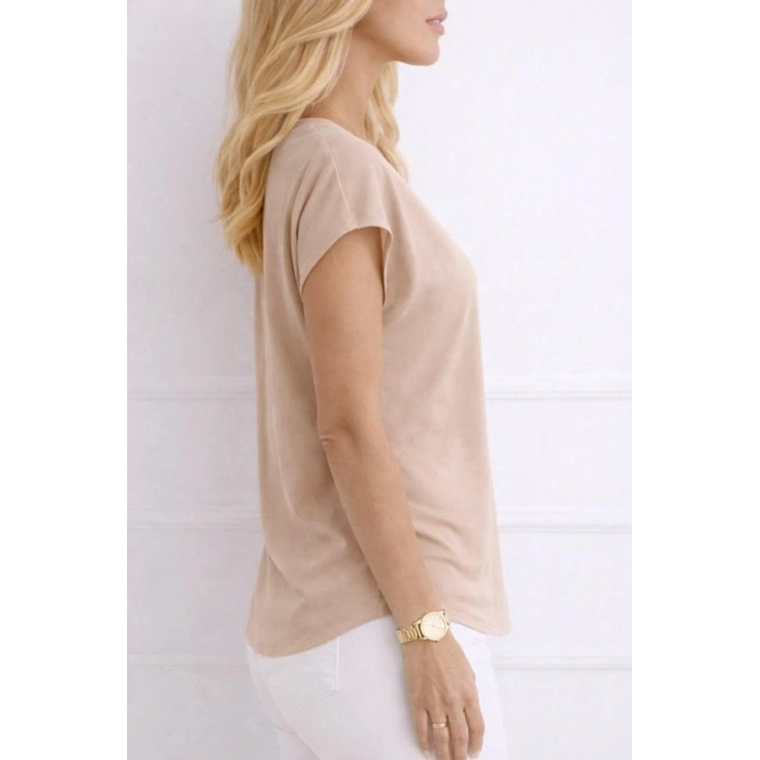 MARSiLYAN- Kadın V Yaka Kısa Kol Dokuma Viskon Kumaş Bluz