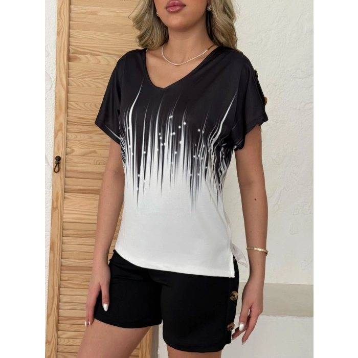 MARSiLYAN- Kadın V Yaka Kısa Kol Kenarları Minik Yırtmaç Detaylı Dalgıç Bluz + Düğme Detaylı Dalgıç şort