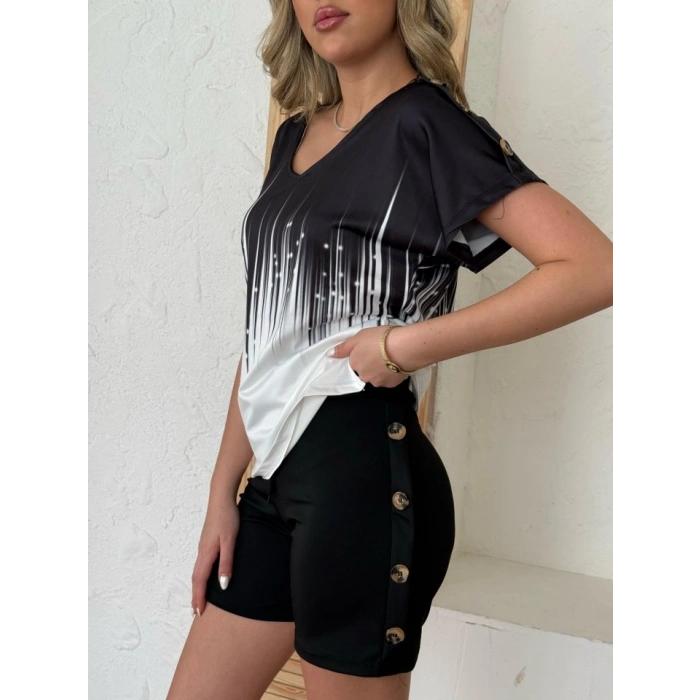 MARSiLYAN- Kadın V Yaka Kısa Kol Kenarları Minik Yırtmaç Detaylı Dalgıç Bluz + Düğme Detaylı Dalgıç şort