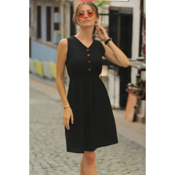MARSiLYAN- Kadın V Yakalı önden Düğme Detay Beli Lastikli Keten Kısa Elbise