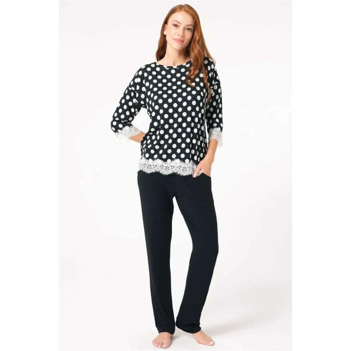 MARSiLYAN- Kadın Viskon Puantiyeli Uzun Kol Dantelli Sweatshirt ve Pantolon Pijama Takım (9760)