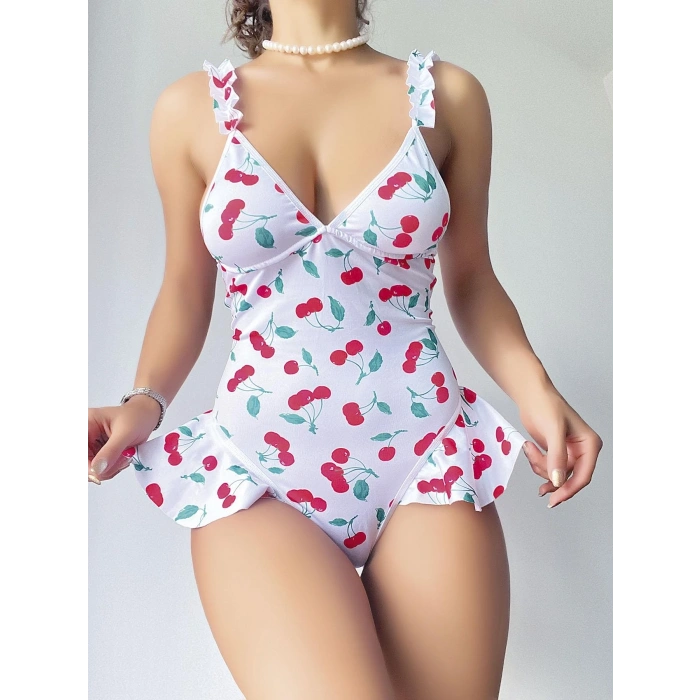MARSiLYAN- Kadın Vişne Desenli Dantel İşlemeli Şık Body