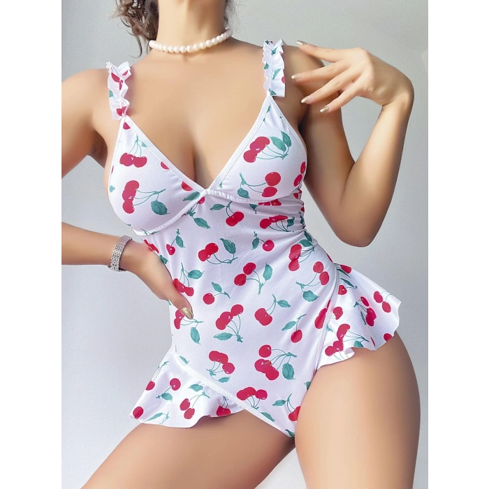 MARSiLYAN- Kadın Vişne Desenli Dantel İşlemeli Şık Body