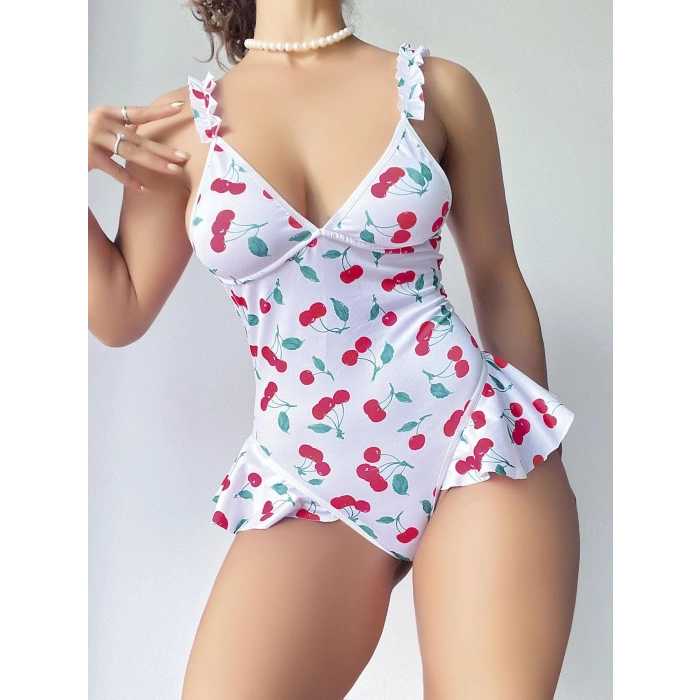 MARSiLYAN- Kadın Vişne Desenli Dantel İşlemeli Şık Body