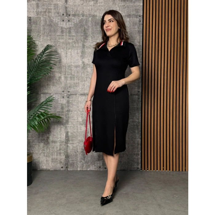 MARSiLYAN- Kadın Yaka Ribanalı Çift Yırtmaçlı Elbise