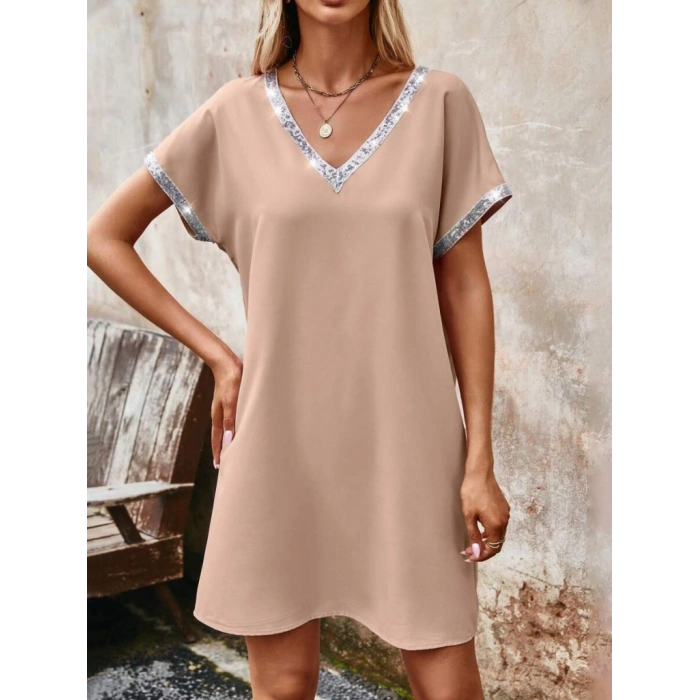 MARSiLYAN- Kadın Yaka Ve Kol Pul Payet şeritli Ithal Krep Elbise