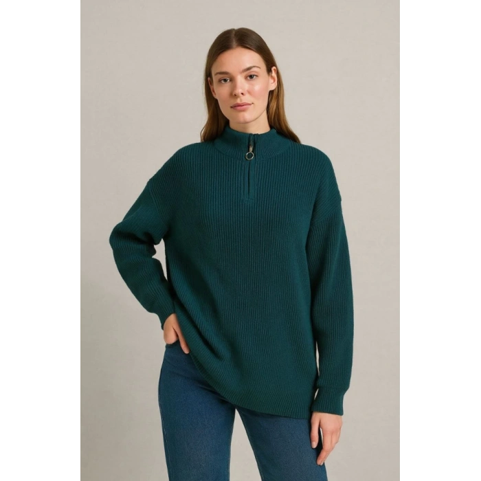 MARSiLYAN- KADIN Yarım Fermuarlı Triko Kazak – Selanik Örgü, Dik Yaka, Pamuklu Dokuma, Oversize Uzun Kollu Kışlık Model - Haki