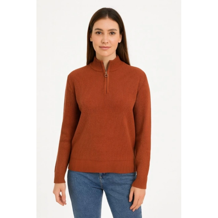 MARSiLYAN- KADIN Yarım Fermuarlı Triko Kazak – Selanik Örgü, Dik Yaka, Pamuklu Dokuma, Oversize Uzun Kollu Kışlık Model - Kiremit