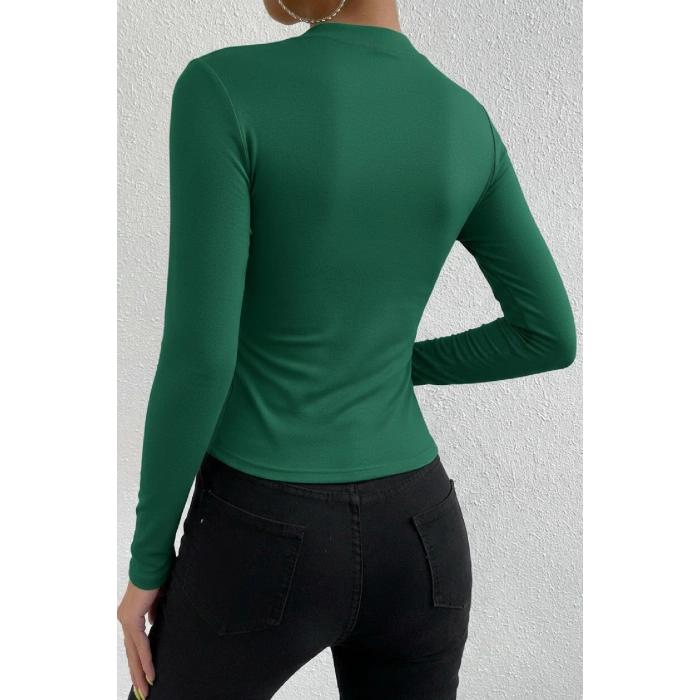 MARSiLYAN- Kadın Yeşil Belden ve Boyundan Büzgü Detaylı Uzun Kollu Bluz